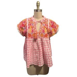 THML Anthropologie Bohemian Gingham Geometric Embroidered Pink White Blouse XS